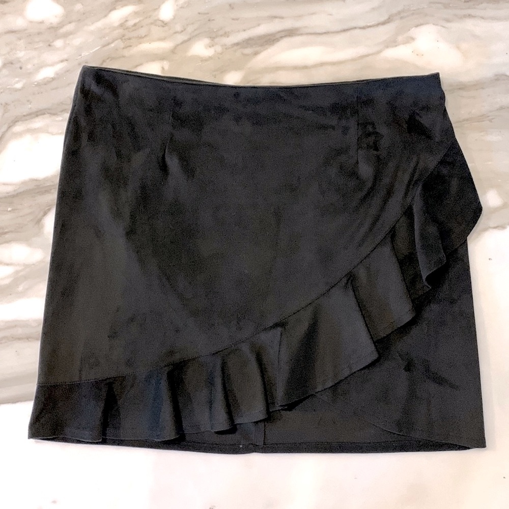 Black Faux Suede Mini Skirt with Ruffle Detail
